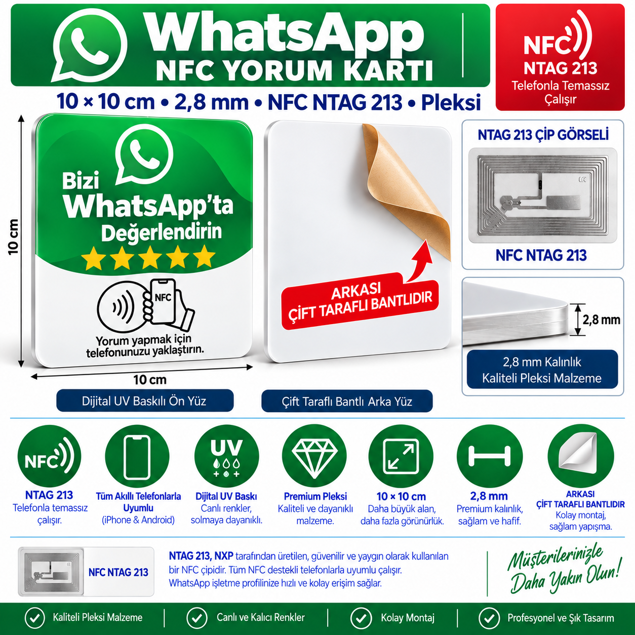 WhatsApp NFC İletişim Pleksi Kartı 10x10 cm