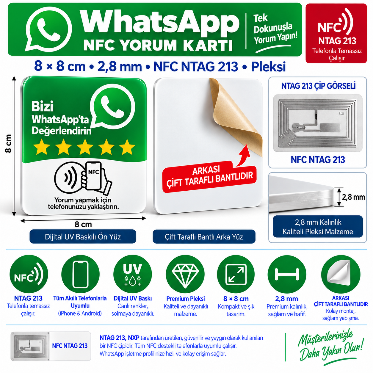 WhatsApp İşletme NFC Pleksi Kartı 8x8 cm