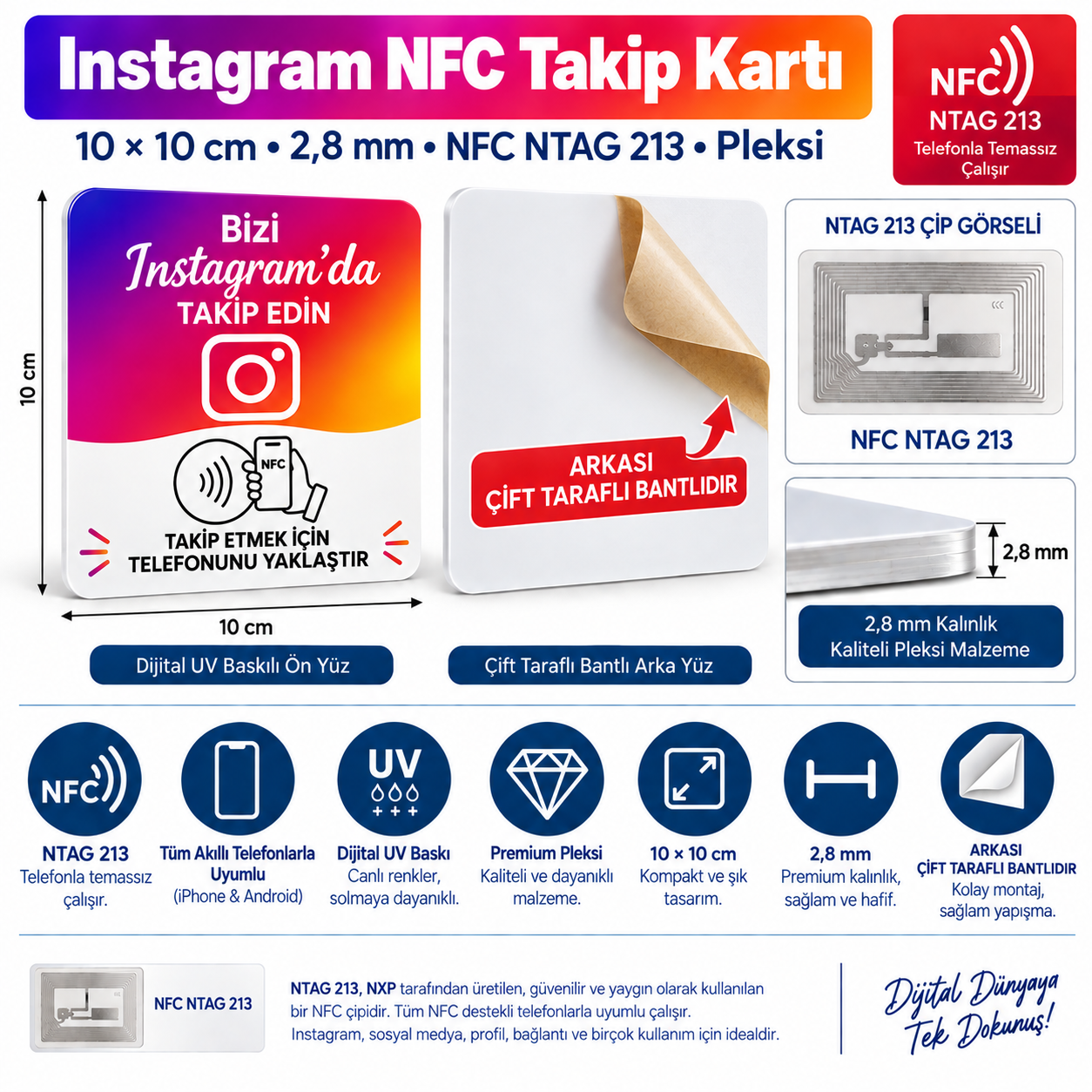 Instagram NFC Takip Pleksi Kartı 10x10 cm