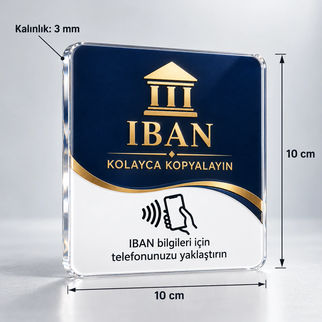 Premium Cam Görünümlü IBAN Bilgi NFC Kartı - 10x10 cm, 10x10 cm ve 3 mm kalınlık