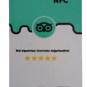 TripAdvisor işletme profilinize özel olarak üretilmiş NFC’li (QR Kodsuz) bir Yorum Kartı ürün görseli